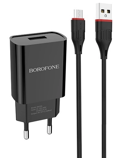 Зарядное устройство Borofone BA20A, 1USB, 2.1A + MicroUSB 1м, черный