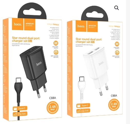 Зарядное устройство для телефона Hoco C88A, 2USB, 2.4A + Type-C 1м