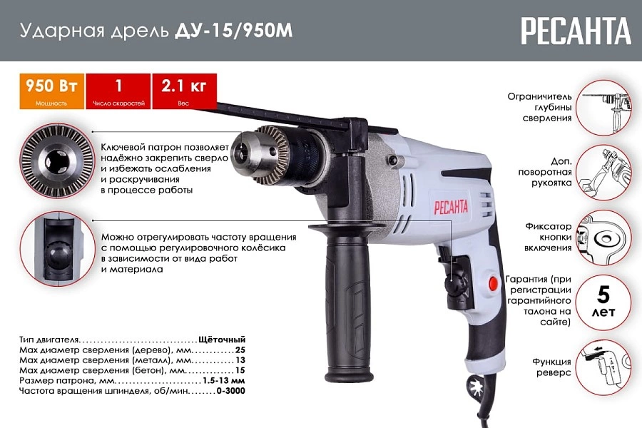 Дрель ударная РЕСАНТА ДУ-15/950М