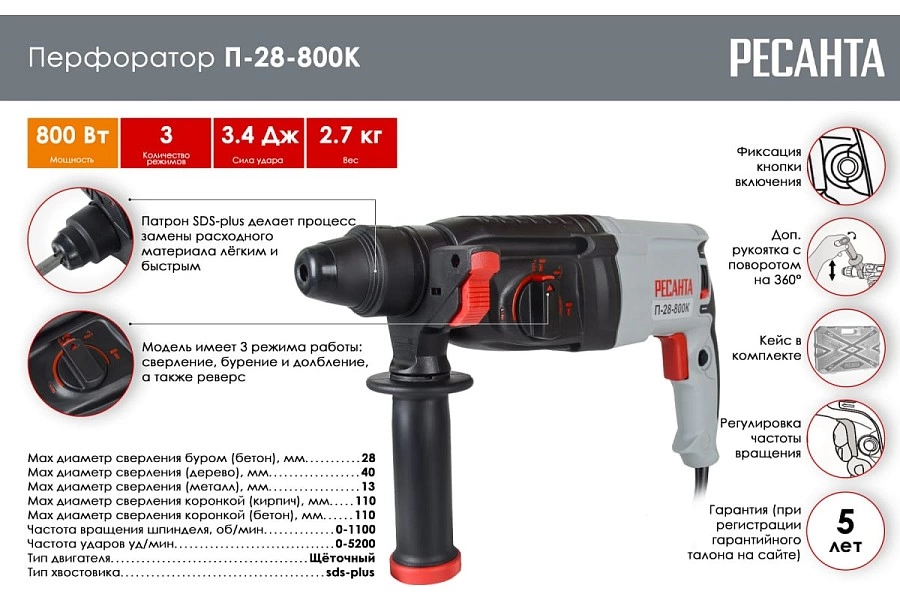 Перфоратор РЕСАНТА П-28-800К