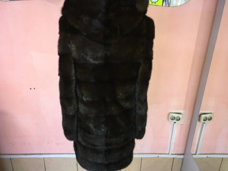 Шуба, Средняя, цельная с капюшоном, Коричневый, 40