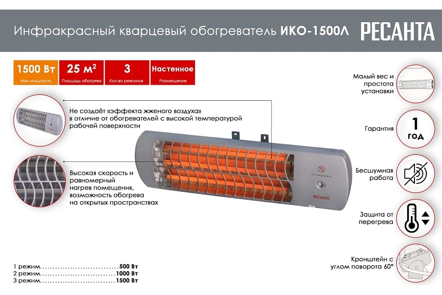 Обогреватель инфракрасный РЕСАНТА ИКО-1500Л, кварцевый 67/5/10