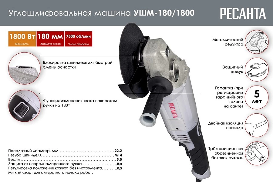 Болгарка РЕСАНТА УШМ-180/1800 75/12/8