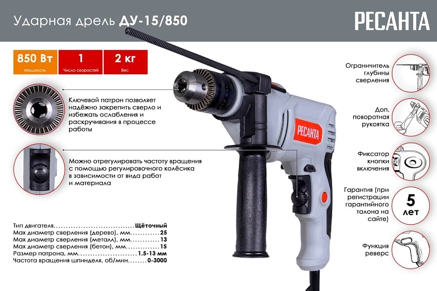 Дрель ударная РЕСАНТА ДУ-15/850